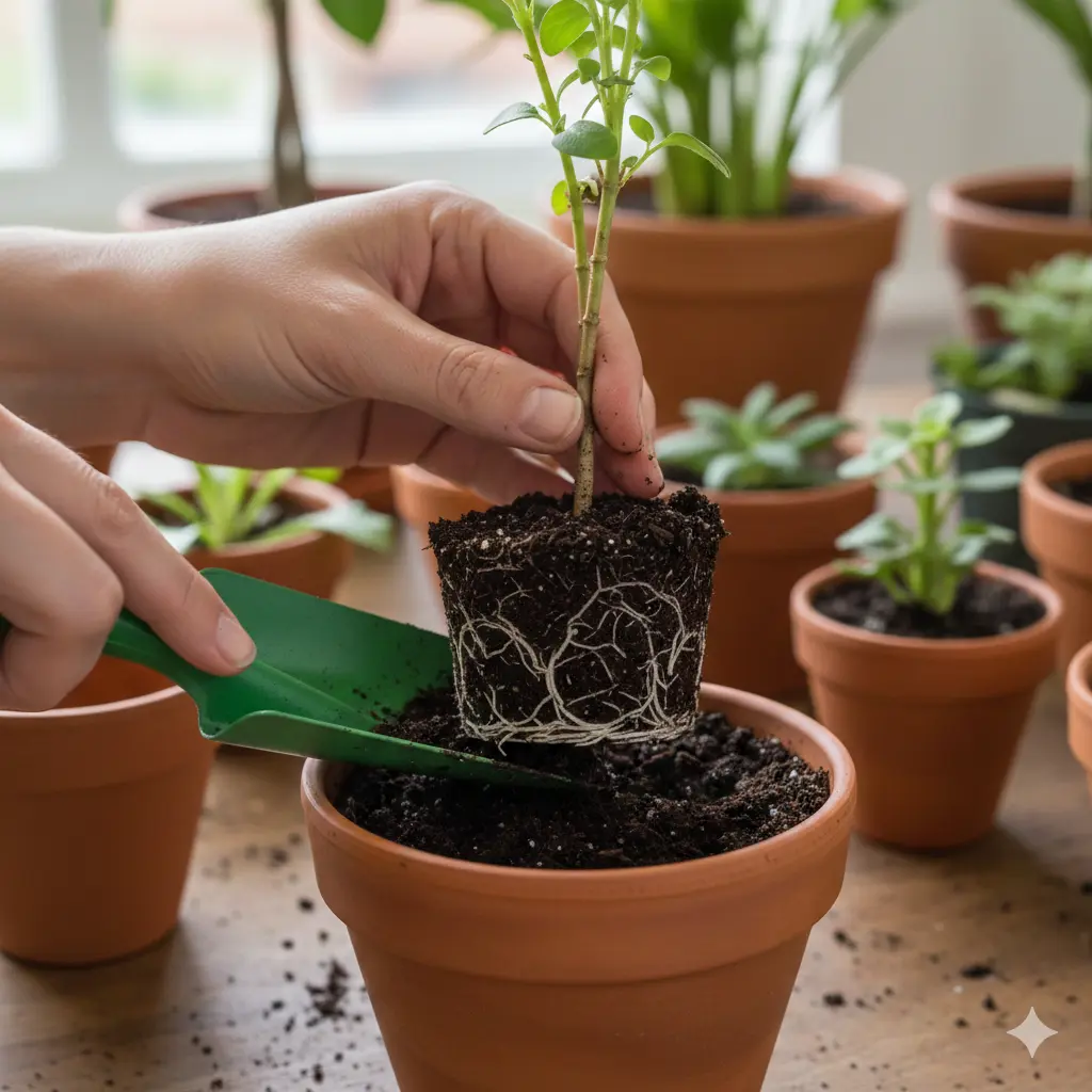 Person repotting a rooted plant cutting into a small terracotta pot.