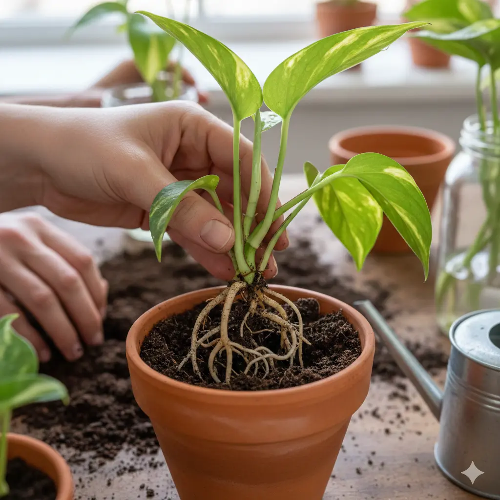 Person potting a rooted Pothos cutting from water into a soil-filled terracotta pot.