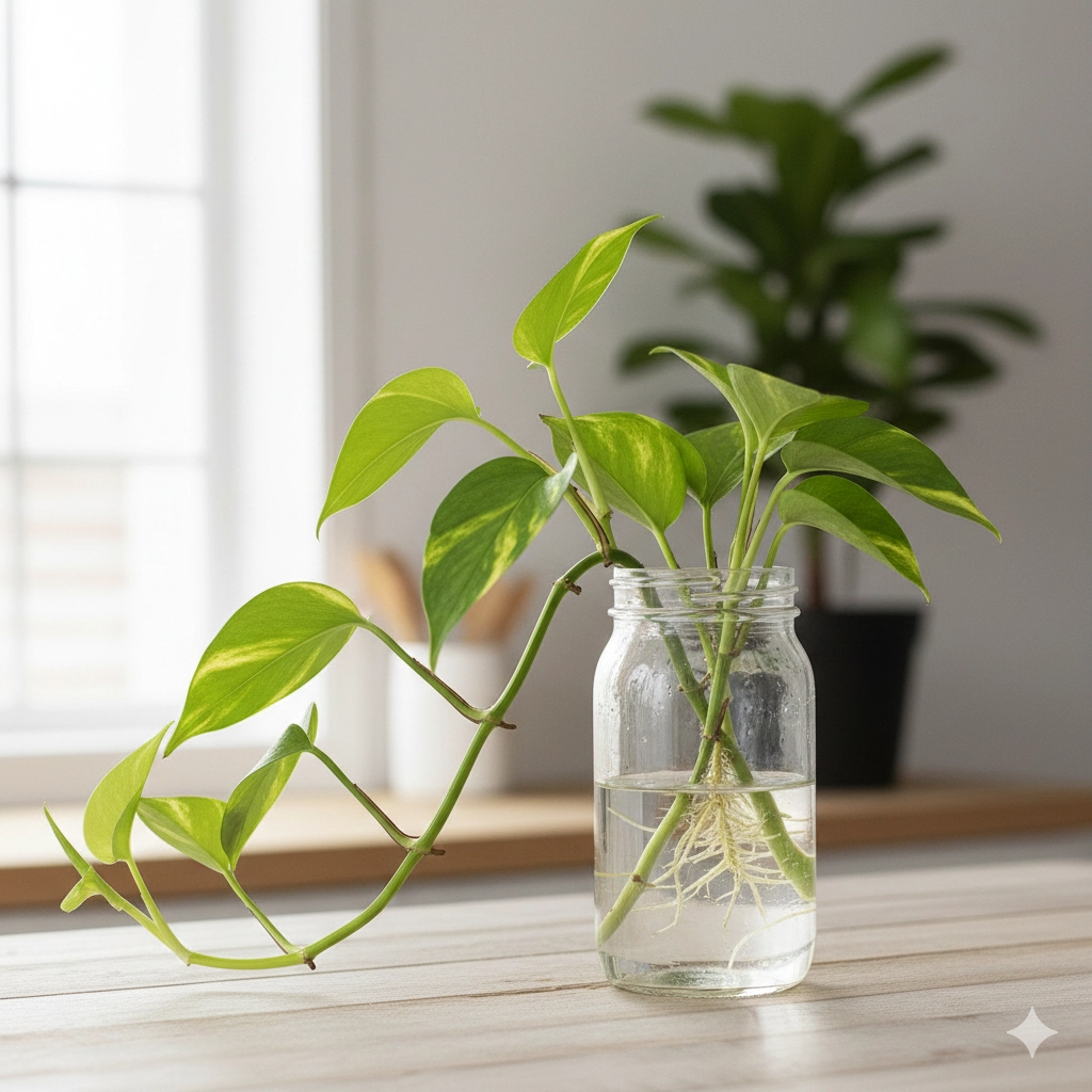 Close-up of a Pothos plant cutting with long, healthy roots growing in a clear glass jar filled with water. The jar is sitting on a wooden surface with a blurred background of a window and another plant.