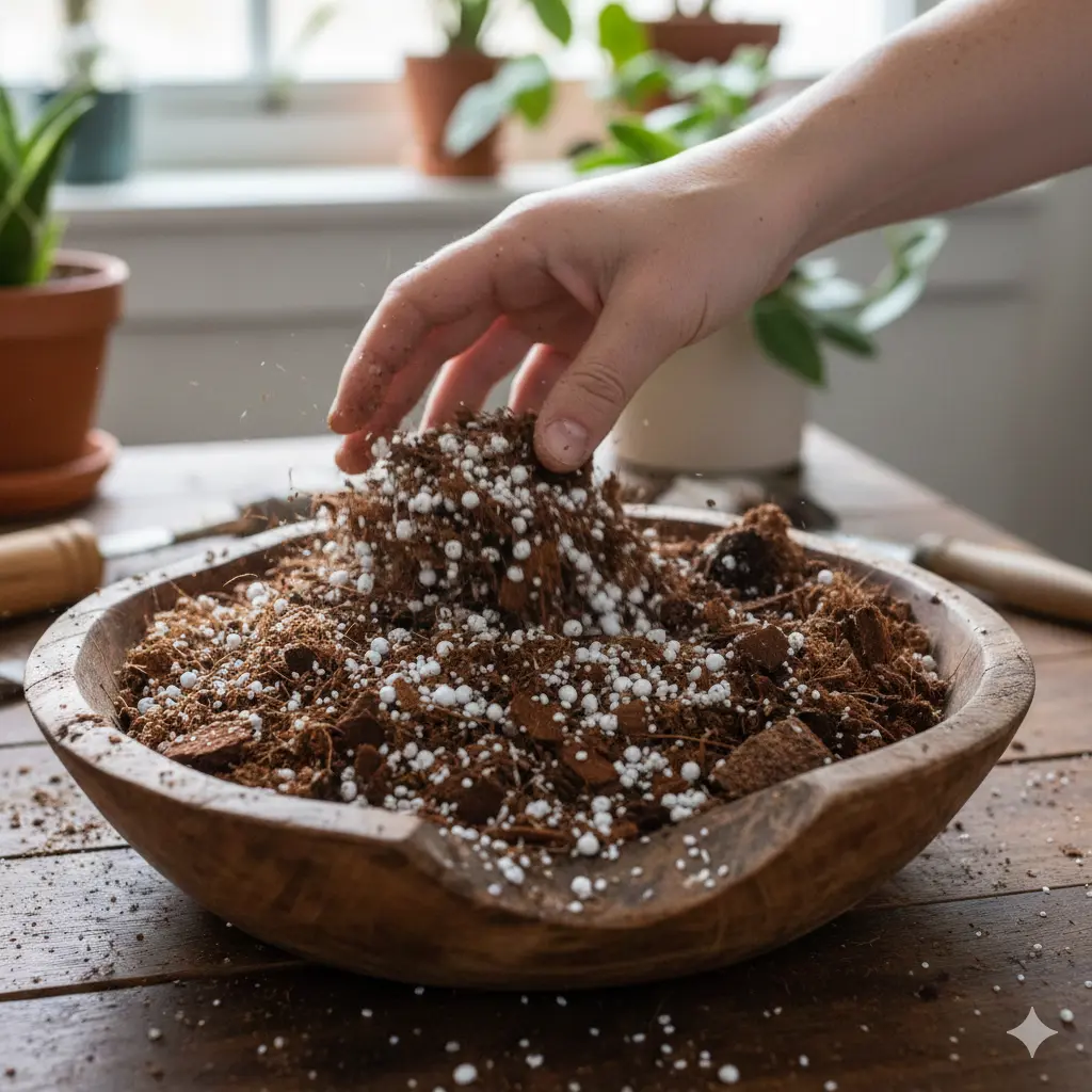 Mixing a chunky, well-draining soil substrate for indoor plants.
