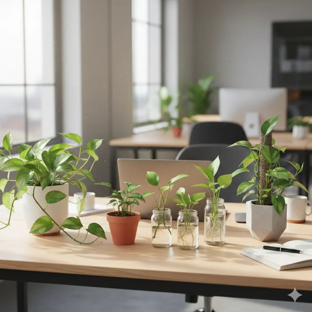Small Pothos plants thriving in an indoor office environment.