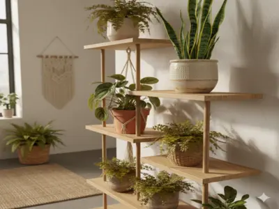 An aesthetically pleasing "shelfie" featuring a variety of indoor plants (Snake plant, Calathea, and Ferns) arranged at different heights. Soft natural light, modern boho interior design style, earthy tones.