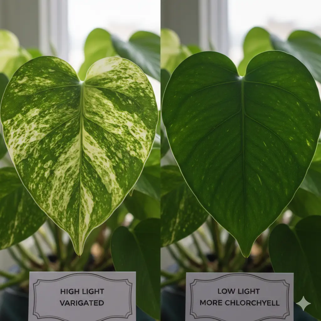 Comparison of variegated pothos leaves showing how low light causes a plant to produce more green chlorophyll.