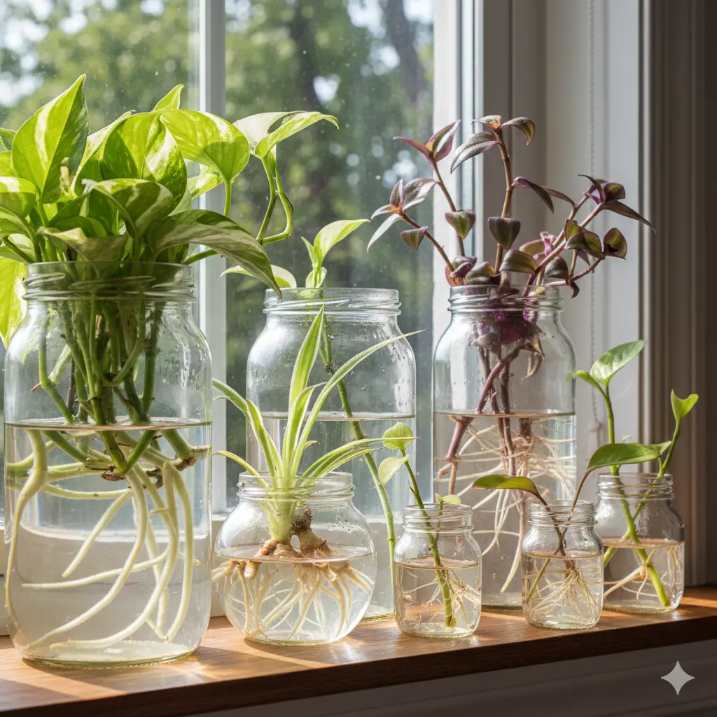 Multiple glass jars with indoor plant cuttings growing roots in water on a bright windowsill.