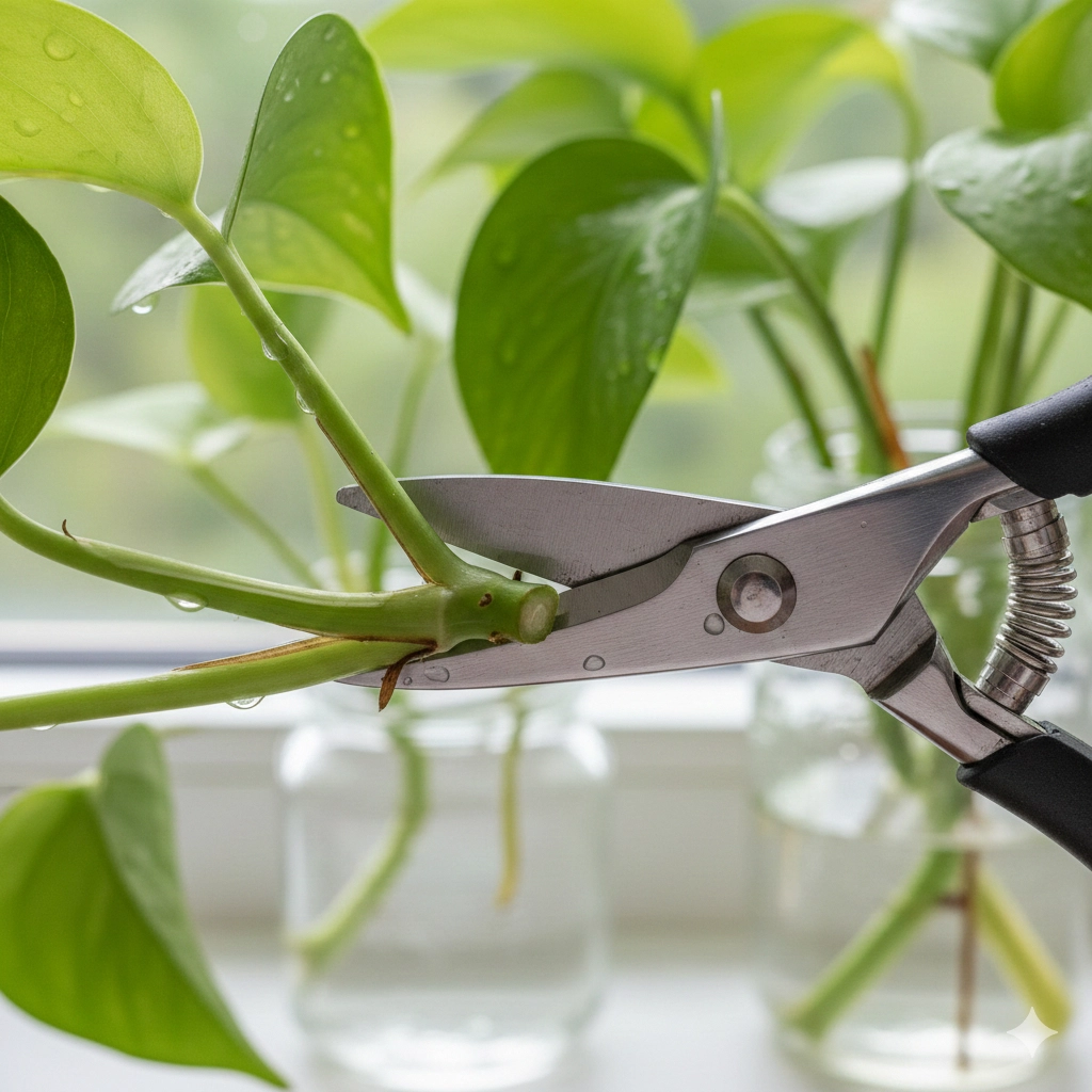 Close-up of a Pothos plant stem showing the node and a clean diagonal cut for water propagation.