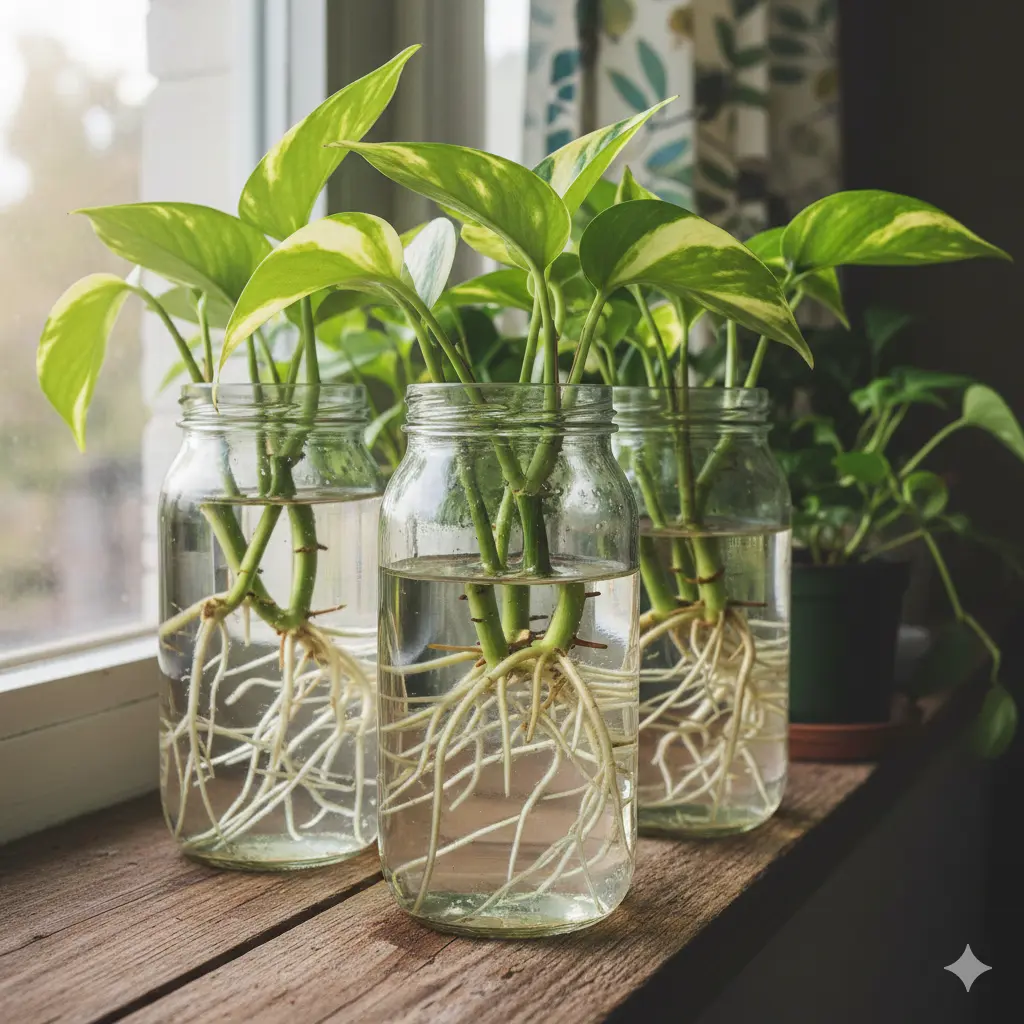 Pothos stem cuttings in water-filled glass jars showing successful root development from the nodes.