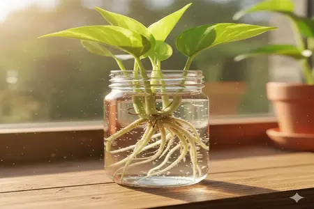 A high-resolution, close-up shot of a glass jar containing a Pothos cutting with healthy white roots growing in clear water. The background is a soft-focus, sun-drenched wooden windowsill. Cinematic lighting, macro photography style.