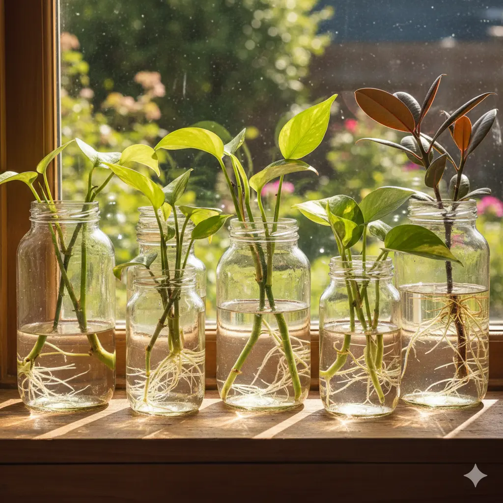 Several plant cuttings propagating in water jars on a bright windowsill.