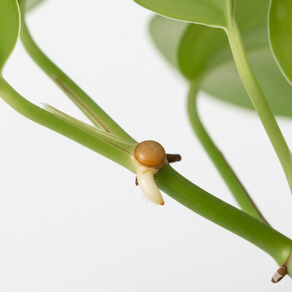 Close-up of a pothos plant node and aerial root for propagation