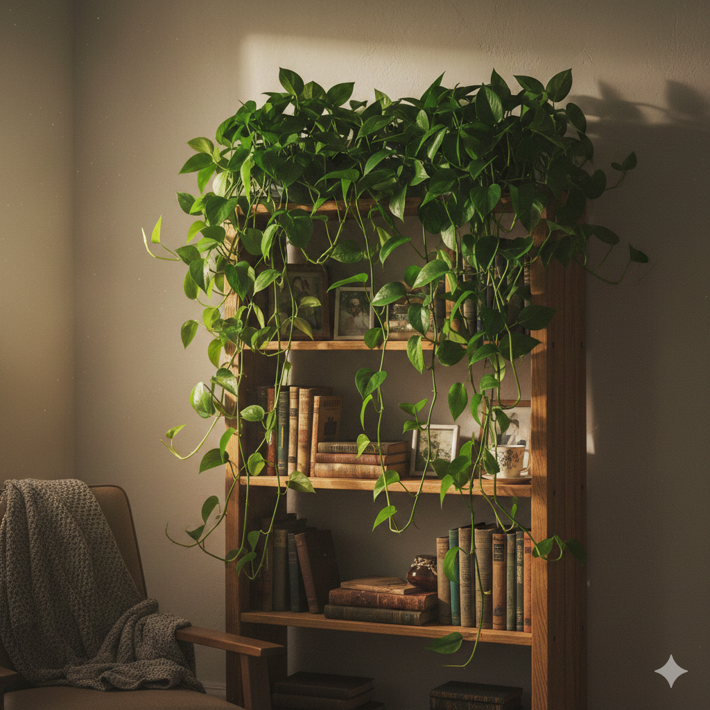 A solid green Jade Pothos plant demonstrating healthy growth in a dimly lit indoor living room.