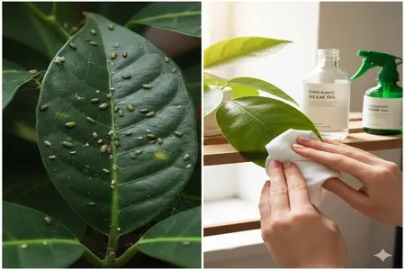 A split-screen style image. On the left, a close-up of a leaf with small pests; on the right, a person’s hands gently wiping a leaf with an organic neem oil solution. Clean, educational, and encouraging vibe.