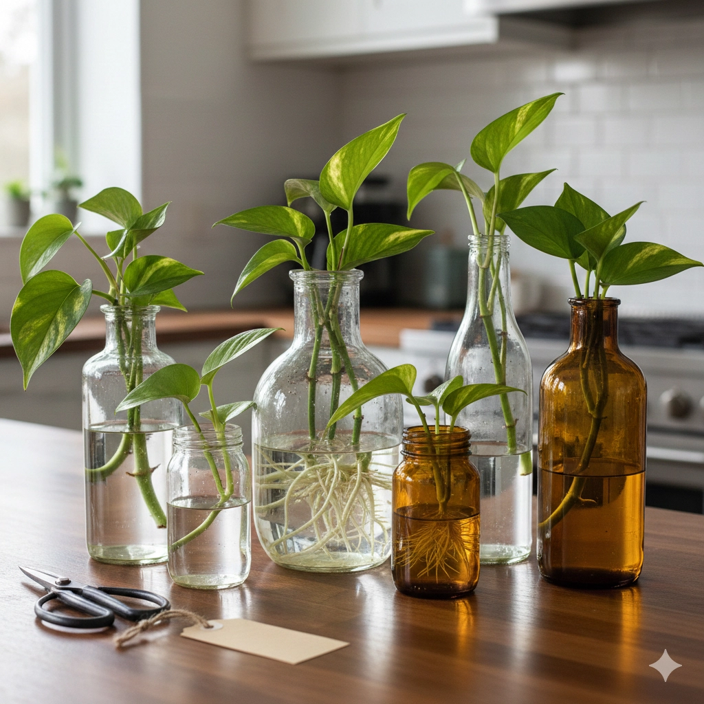 Various Pothos plant cuttings in different clear glass and amber bottles on a kitchen counter, some showing visible roots. A pair of scissors and a small label are also on the counter