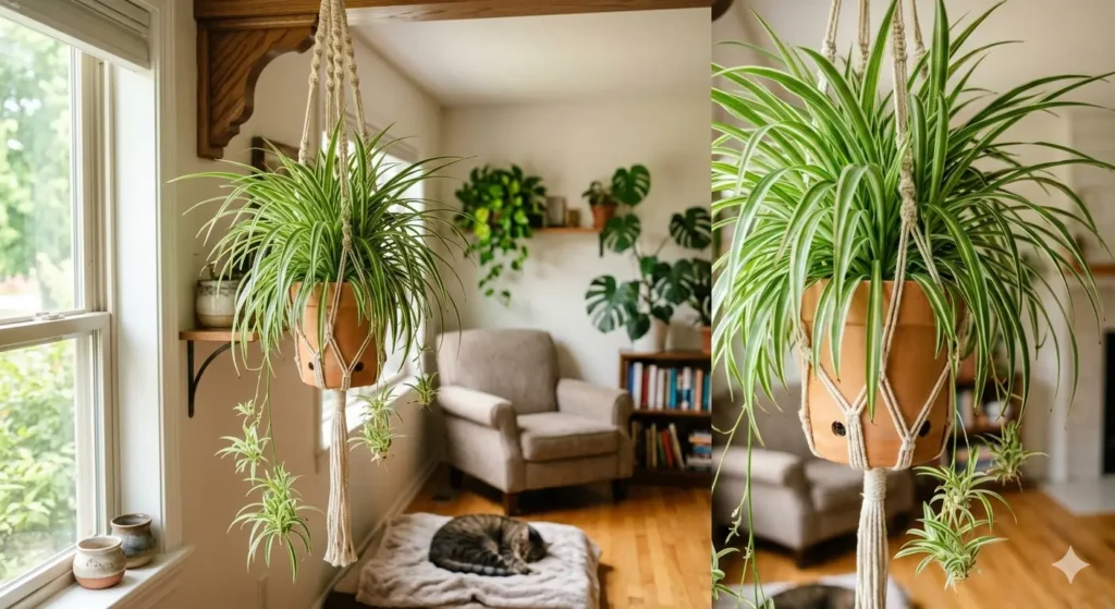 Spider plant (Chlorophytum comosum) hanging indoors in a pet-friendly home, showing arching green and white striped leaves and small baby plantlets.