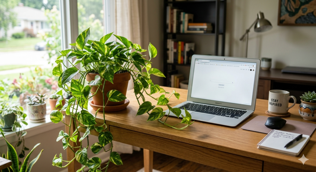 A beautiful Golden Pothos plant with long trailing vines sitting on a modern office desk next to a laptop. The sunlight is soft and indirect, highlighting the variegated yellow and green leaves.