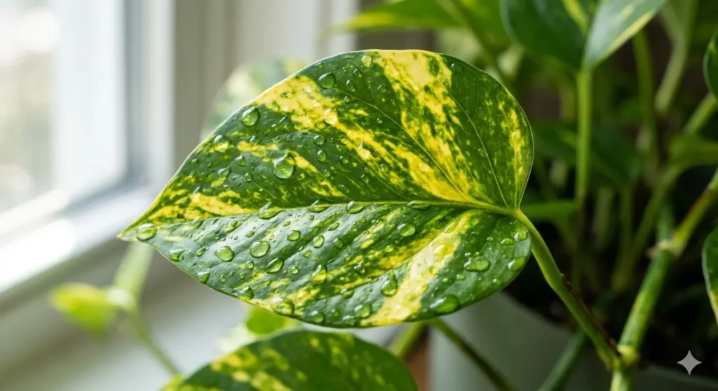 Close-up macro shot of a Golden Pothos leaf showing intense yellow variegation. Water droplets are resting on the surface, reflecting the light of a nearby window.
