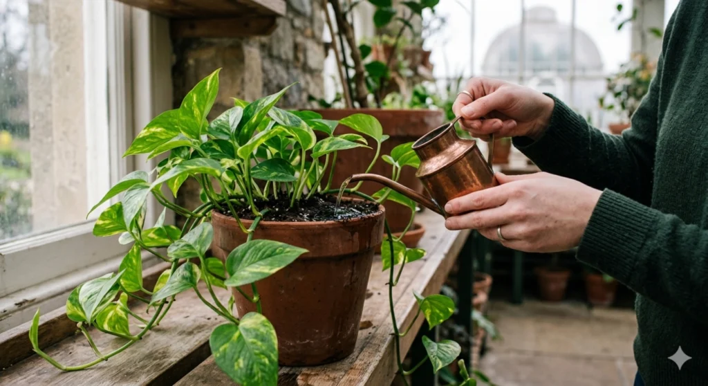 A close-up shot of a person’s hands gently pouring diluted liquid fertilizer from a small watering can into a Pothos pot, showing the soil being moistened.