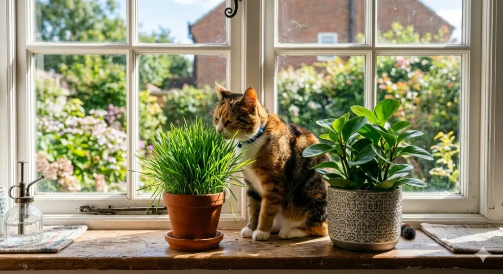 A happy cat sniffing a pot of cat grass on a windowsill, ignoring a non-toxic Peperomia plant nearby. Bright, sunny, and cheerful atmosphere.