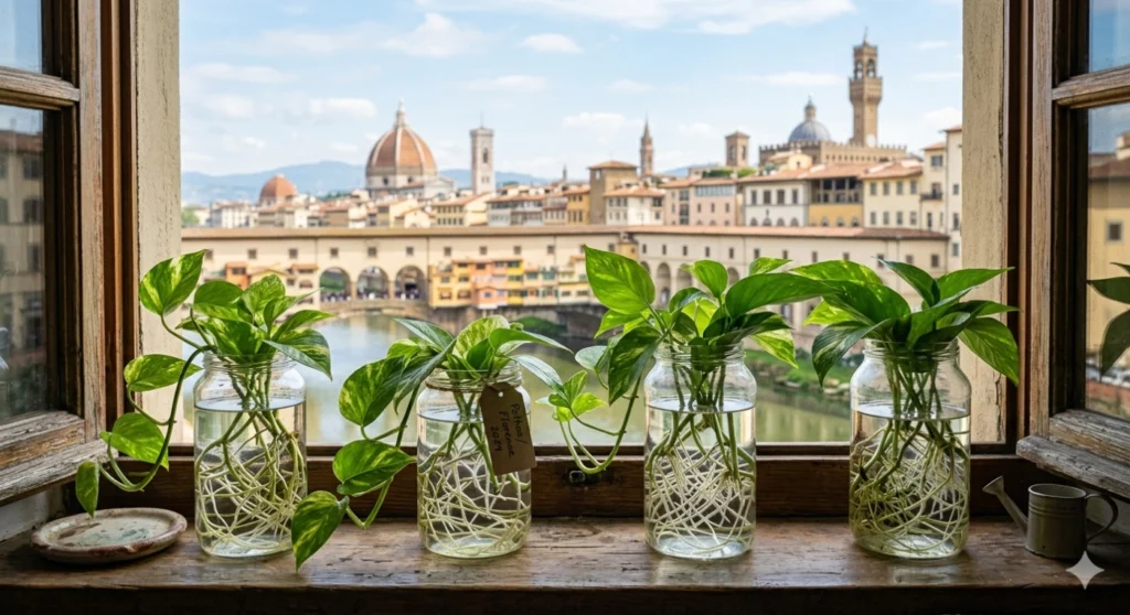 A beautiful arrangement of Pothos cuttings in glass jars filled with water, showing long white roots developing, set against a bright window.