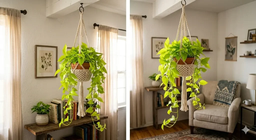 Neon pothos in a hanging basket indoors, with bright chartreuse trailing vines cascading down from a macrame plant hanger in a living room corner.