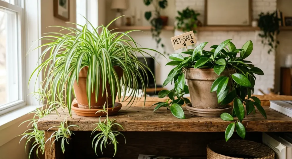 A close-up of a Spider Plant and a Hoya plant sitting side-by-side on a wooden shelf, with a "Pet-Safe" label nearby. The lighting is soft and natural.