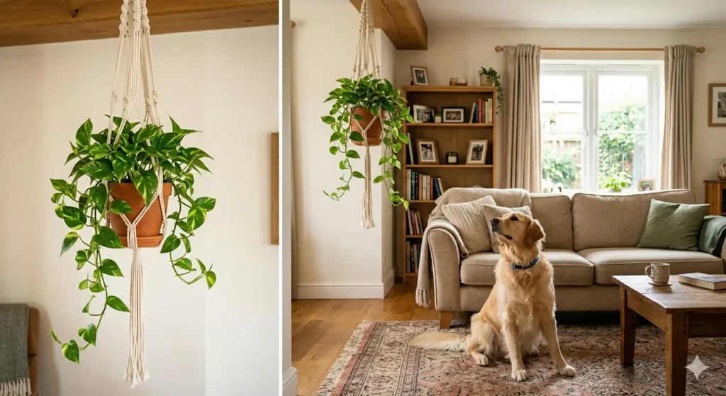 A cozy living room scene showing a golden pothos hanging high in a macrame holder, safely out of reach from a curious golden retriever sitting on the rug below. High-definition, realistic style.