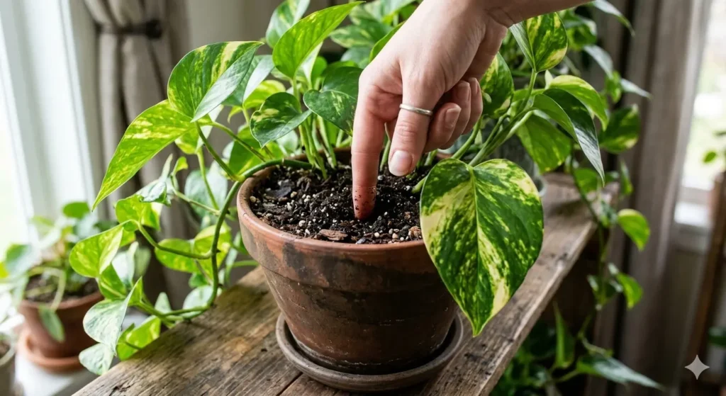 Close-up of a hand checking soil moisture in a pothos pot by inserting a finger into the top inch of soil to determine watering needs.