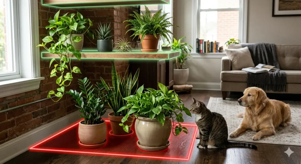 An infographic-style image showing a "Safe Zone" vs "Danger Zone" for plants in a home. The high shelves are marked green (safe), and floor pots are marked red (danger).