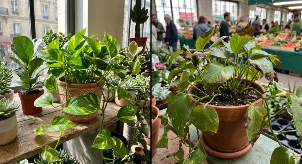 A split-screen image showing a healthy, vibrant Pothos on one side and a Pothos with "fertilizer burn" (brown tips) on the other to show the difference.