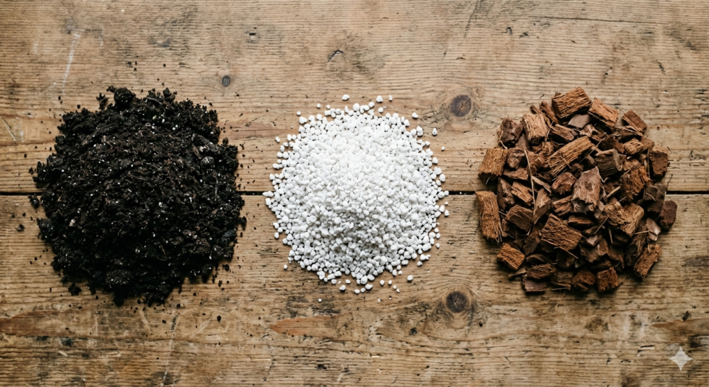 A flat-lay photography style showing three separate piles of soil components on a wooden table: dark organic potting soil, white perlite, and brown orchid bark chips. Label each pile with clean, minimalist text.