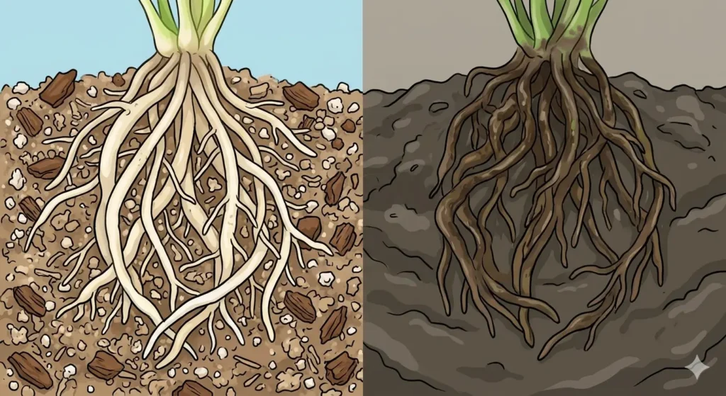 An infographic showing a "Healthy Root vs. Rotting Root" comparison. The healthy side shows firm, white roots in a chunky soil mix. The rotting side shows brown, mushy roots in dense, muddy soil.