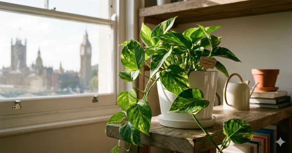 A high-quality, realistic photo of a lush green Pothos plant in a white ceramic pot sitting on a wooden shelf, with soft sunlight hitting the variegated leaves.
