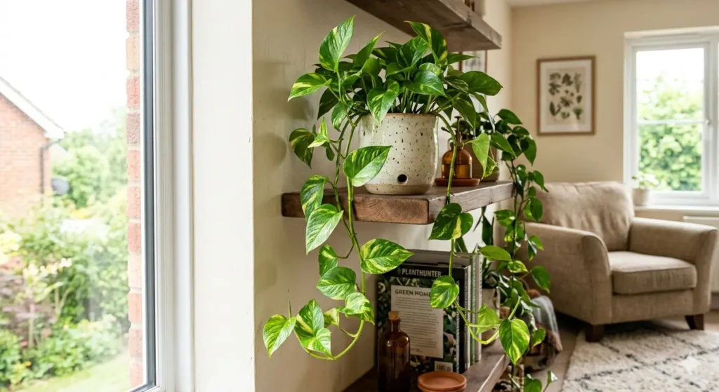 Golden pothos (Epipremnum aureum) growing indoors on a shelf in bright indirect light, showing long trailing vines and healthy green leaves in a home environment.