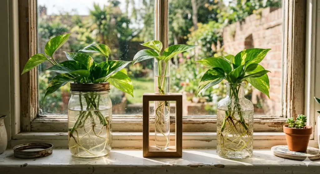 Three different glass jars (a mason jar, a test tube, and a vintage bottle) filled with pothos cuttings sitting on a sun-drenched windowsill.