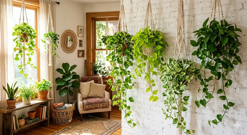 A sun-drenched living room corner featuring a variety of pothos plants in different macrame hangers, showing Golden, Neon, and Marble Queen varieties trailing down a white brick wall, high resolution, bohemian style.