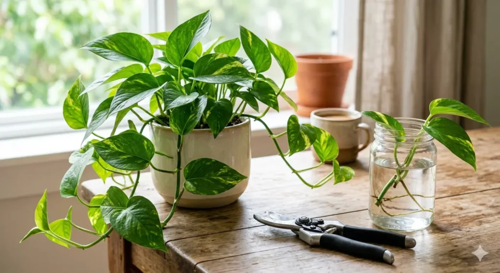 A close-up, high-quality photo of sharp pruning shears next to a lush Golden Pothos plant on a wooden table, bright natural morning light.