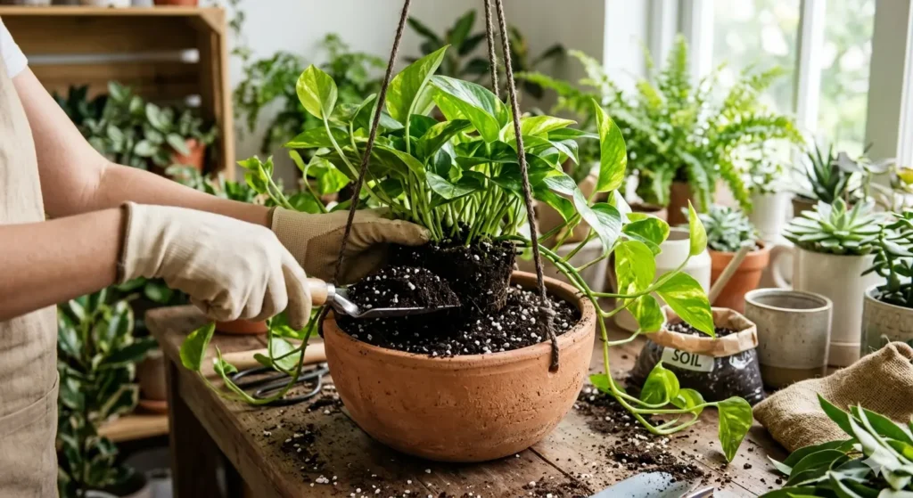 Close-up of a hand repotting a lush pothos plant into a stylish terracotta hanging planter, showing a rich soil mix with perlite, natural morning light, gardening aesthetic.

