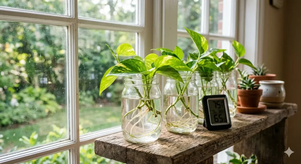 A high-quality, realistic photo of several Golden Pothos glass jars with cuttings on a wooden shelf. Soft sunlight is streaming through a window, showing tiny white roots growing in clear water. A small digital thermometer next to the jars reads 75°F.