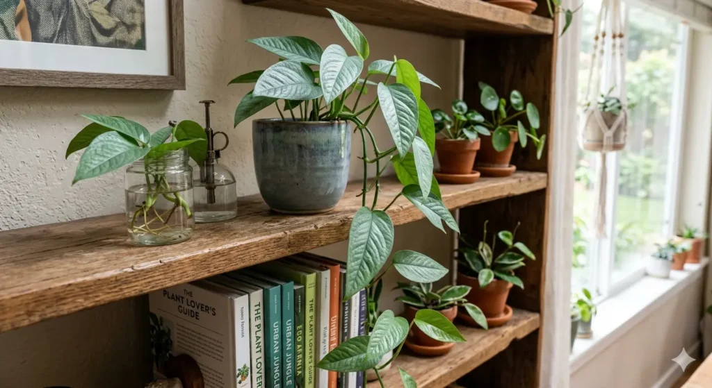 A close-up, high-resolution photo of a healthy Cebu Blue Pothos plant trailing down a wooden shelf, showing off its silvery-blue leaves in soft morning sunlight.