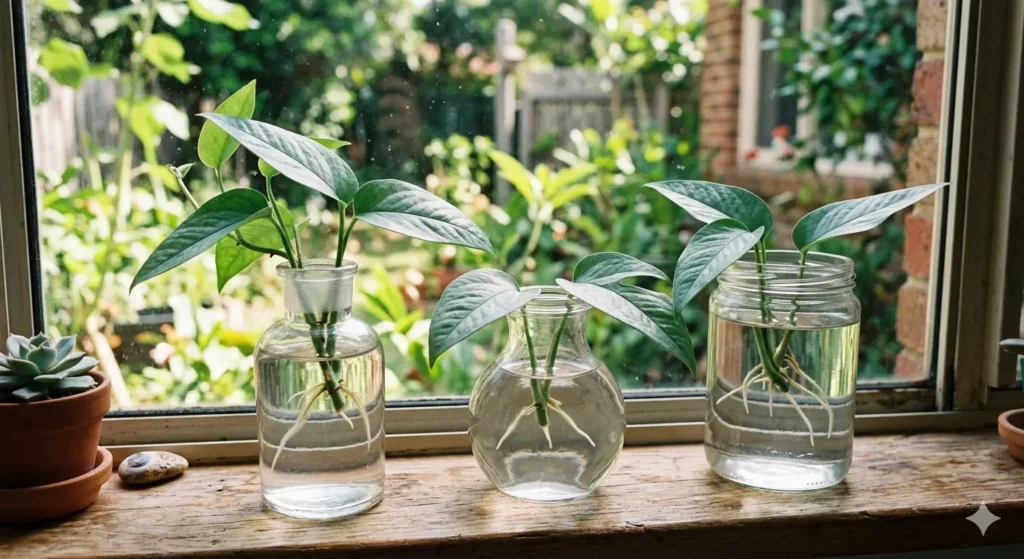 Three clear glass jars of different shapes sitting on a windowsill, each containing a Cebu Blue Pothos cutting with tiny white roots beginning to emerge into the water.