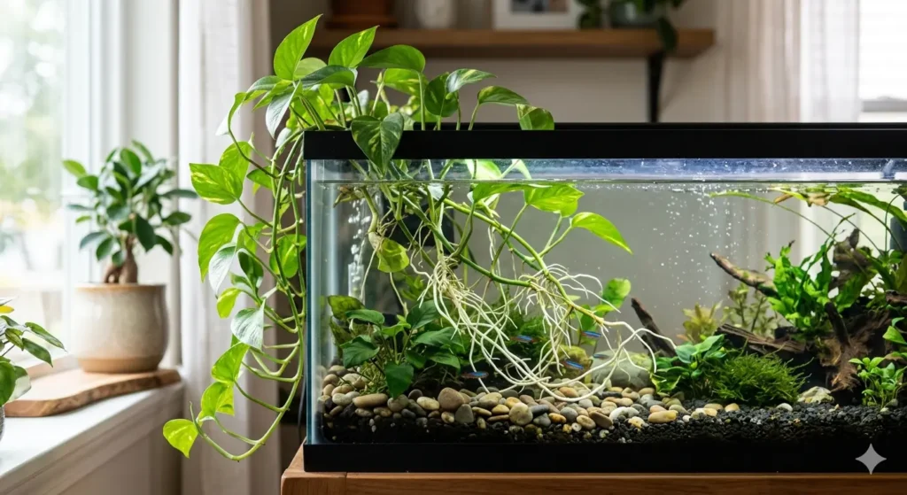 A high-quality, realistic photo of a Golden Pothos vine with thick white roots submerged in a clear freshwater aquarium, while the green heart-shaped leaves trail elegantly over the glass rim. Soft natural sunlight illuminates the water.