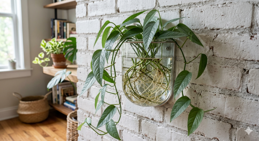 A sleek, modern wall-mounted glass planter filled with water, containing a Cebu Blue Pothos plant with long roots visible through the glass.