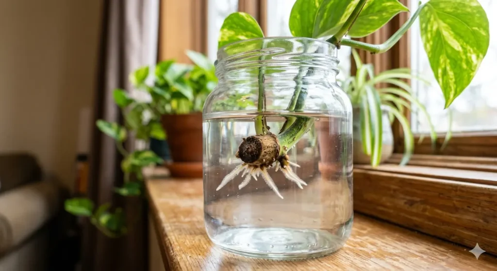 A macro shot of a pothos node underwater with tiny, fuzzy white roots beginning to sprout, crystal clear water.