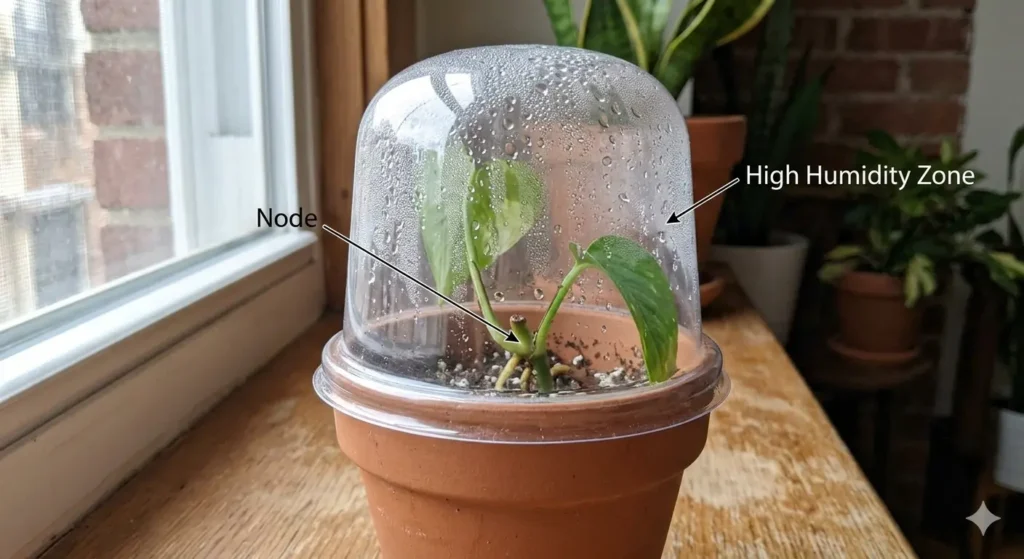 An infographic-style image showing a Pothos cutting in a pot covered by a clear plastic humidity dome. Small water droplets are visible on the inside of the dome. Labels point to the "Node" and "High Humidity Zone."