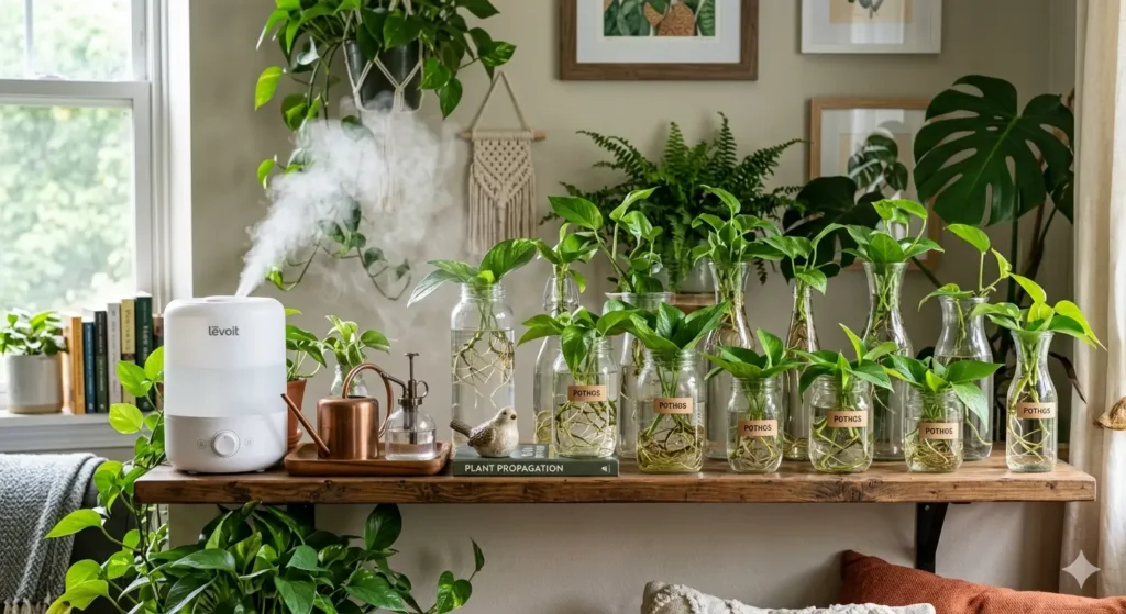An indoor garden shelf with various glass jars containing pothos cuttings, a humidifier nearby releasing a soft mist, aesthetically pleasing and organized.