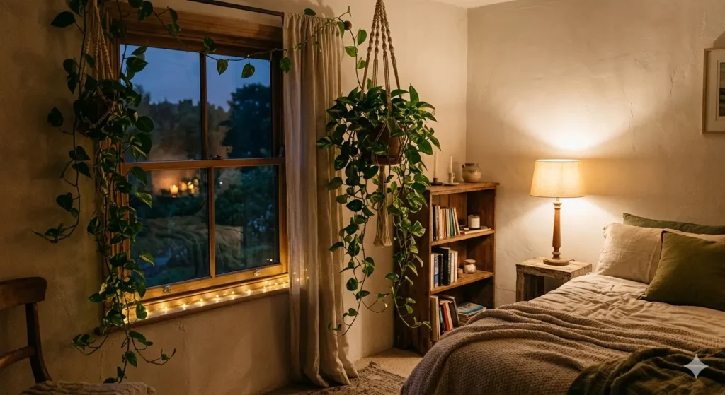 A cozy bedroom with a Golden Pothos hanging near a window, the long vines framing the window view, soft cinematic lighting, peaceful atmosphere.