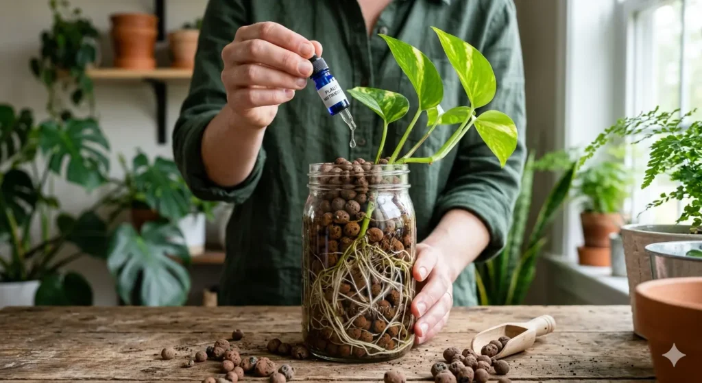 An infographic-style photo showing a person adding a drop of liquid fertilizer into a glass jar of LECA. The roots are visible through the glass, looking long, white, and fuzzy.