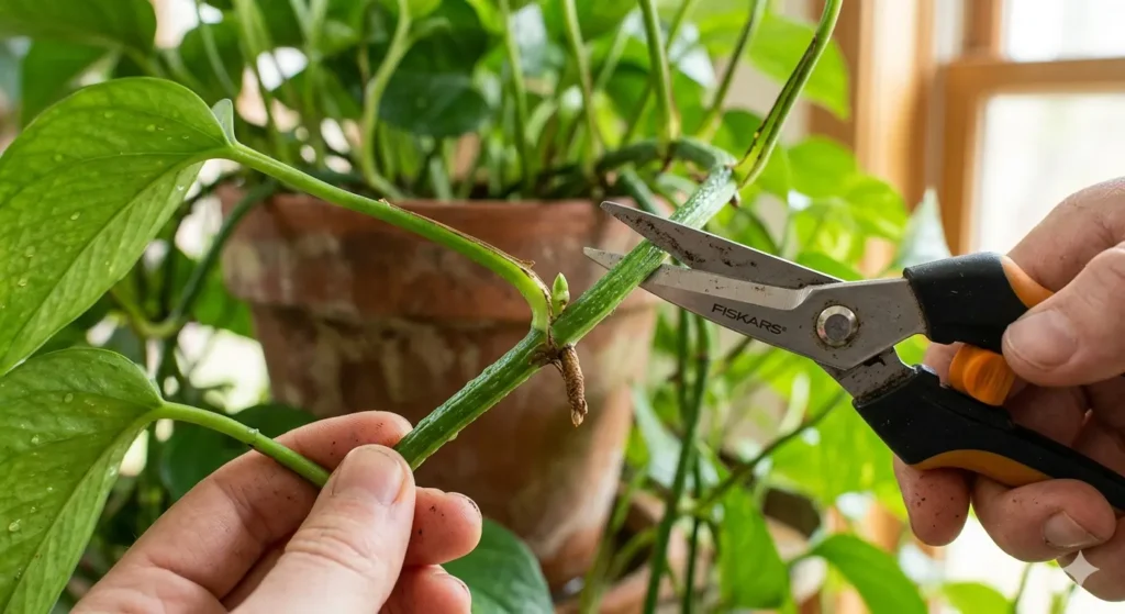 A close-up macro shot of a pothos stem showing a brown root node and an axillary bud, with a pair of garden shears positioned for a clean cut, bright natural lighting.
