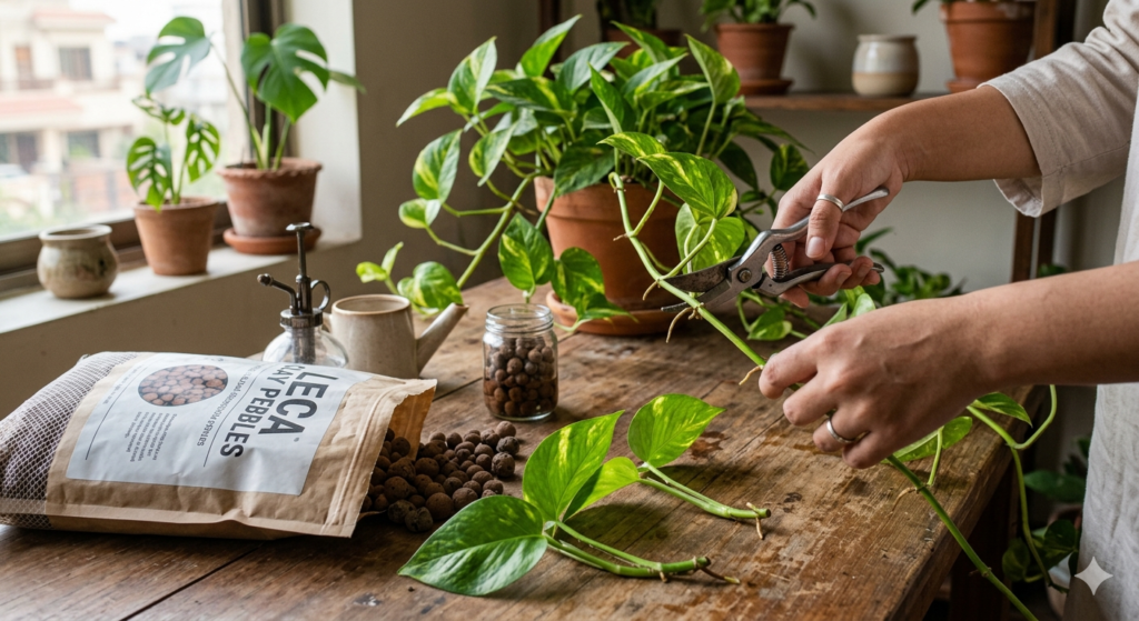 A hand holding sharp, clean shears cutting a Golden Pothos vine just below a node. Several other healthy cuttings with 2-3 leaves each are laying on a clean wooden table next to a bag of LECA.