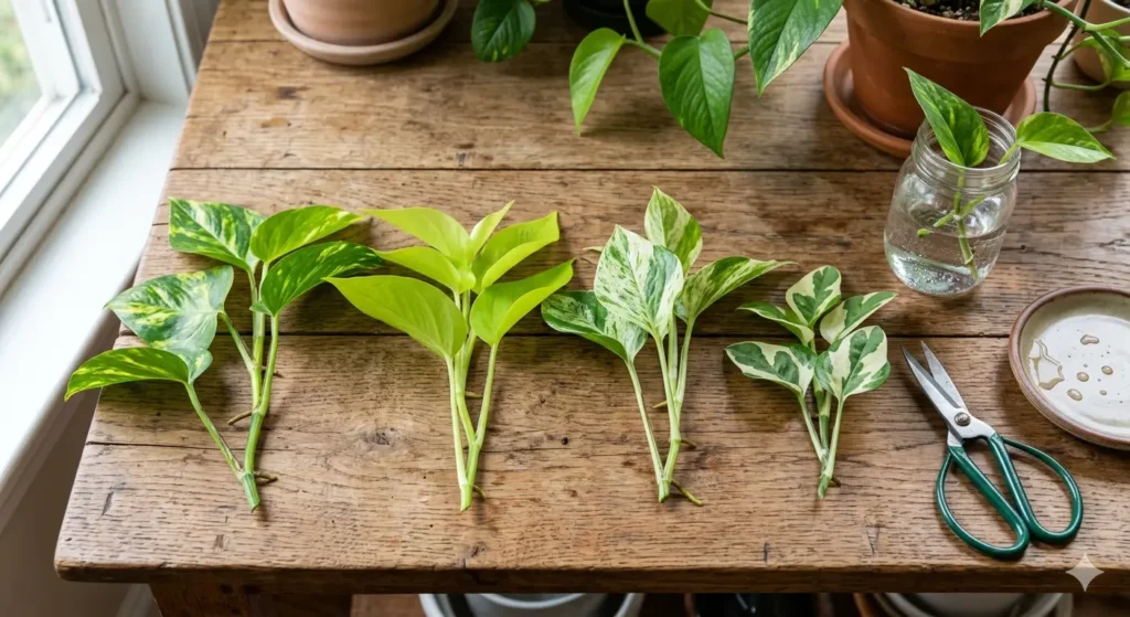 A flat-lay view of four different Pothos varieties (Golden, Neon, Marble Queen, and N'Joy) laid out on a table. Each has a clean cut at the node, ready for propagation.