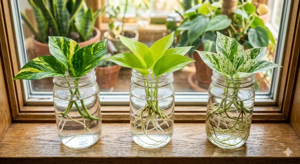 A top-down view of three different pothos cuttings—Golden, Neon, and Marble Queen—sitting in glass propagation jars with clear water and developing root systems.